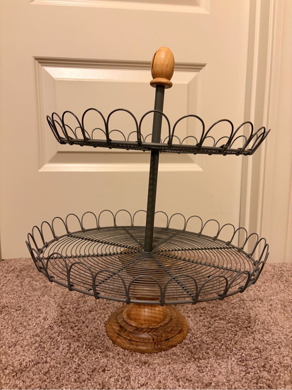 Two-Tier Wire Serving Stand with Wood Accents - Gray